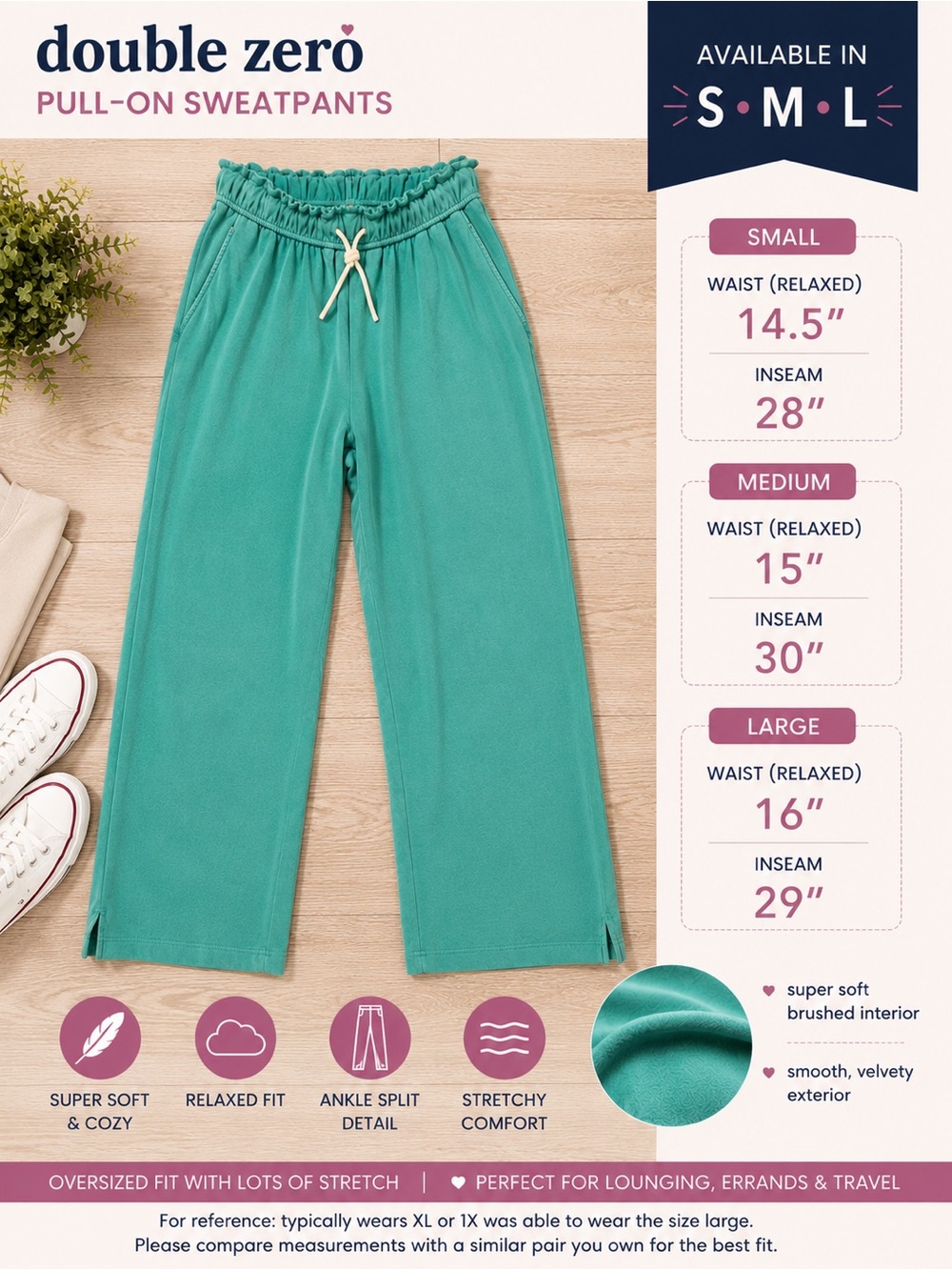 Double Zero Teal Green Pull-On Wide-Leg Sweatpants